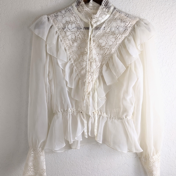 VINTAGE Lace Mesh Cottagecore Long Sleeve Blouse - Picture 2 of 6